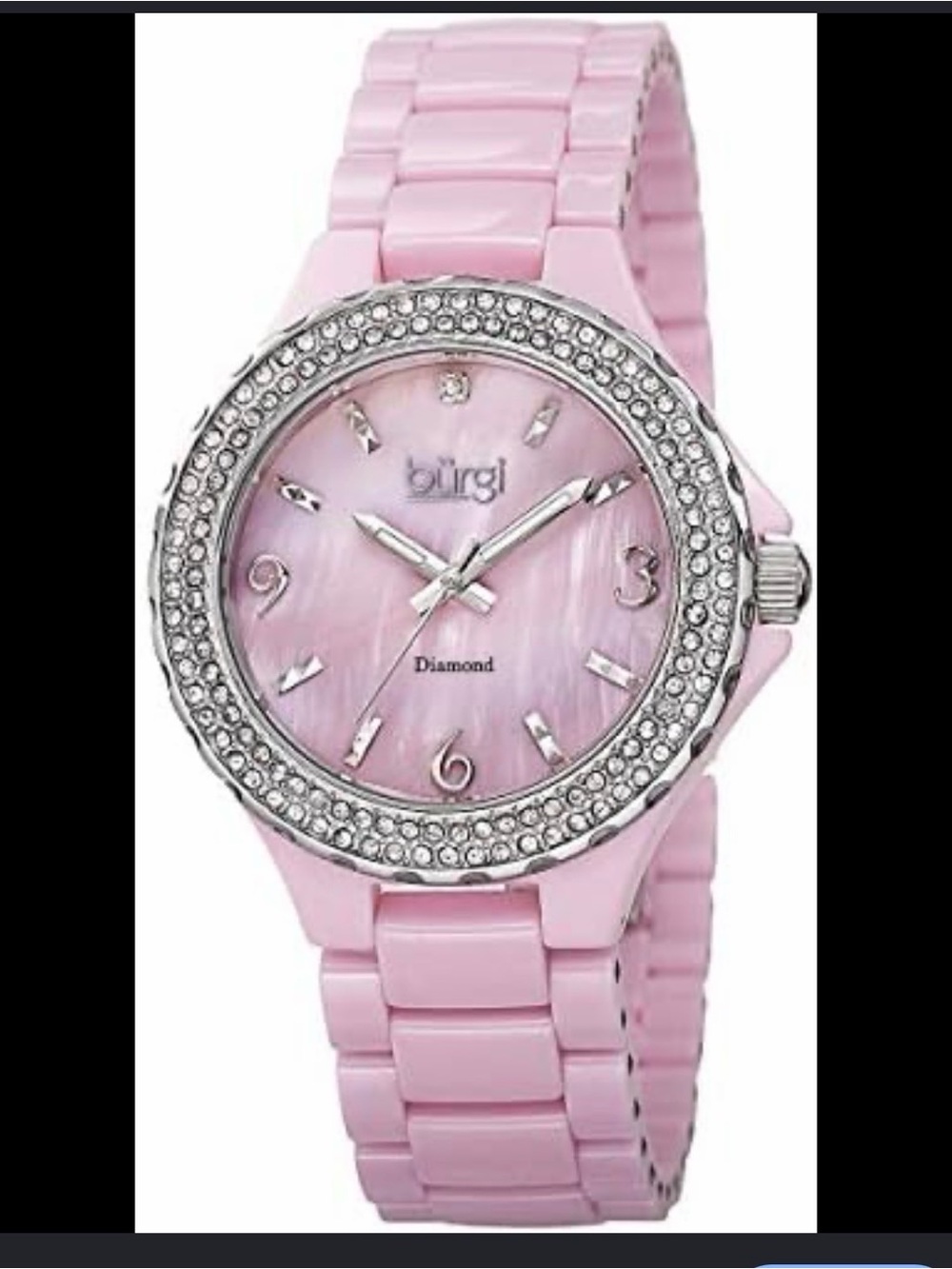 Burgi women's BU47PK watch ceramic band sparkling crystal bezel diamond dial